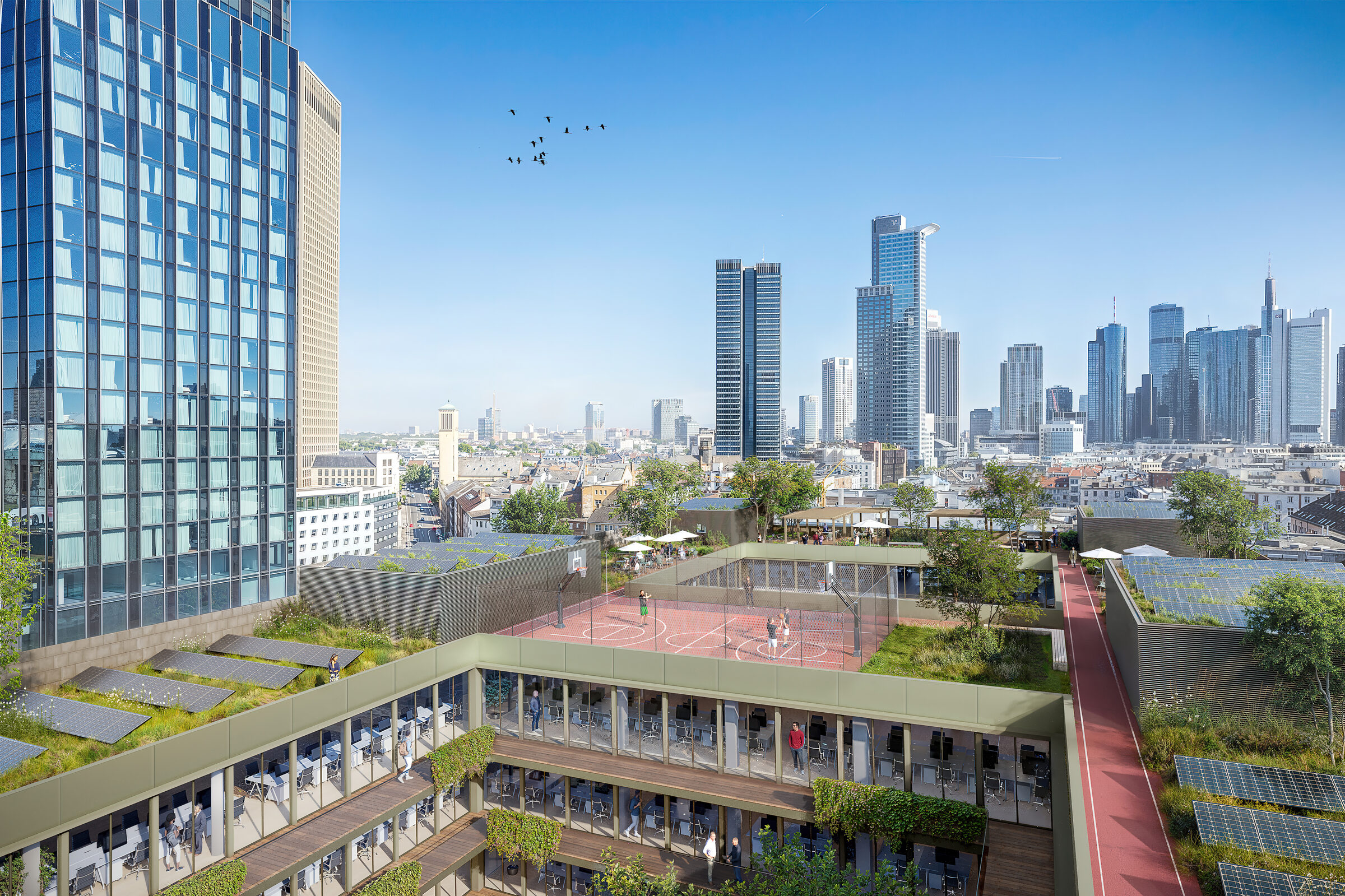 Dachterrasse des CAMPUS 151 mit Blick auf die Frankfurter Skyline