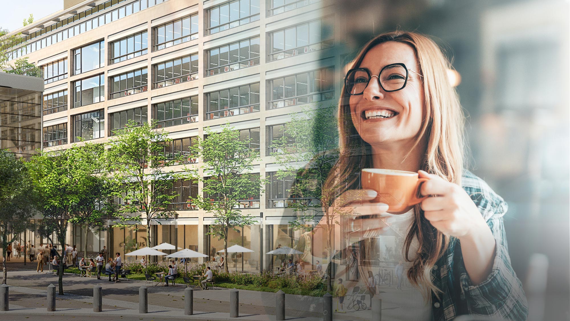 Besucherin mit Kaffee vor dem CAMPUS 151