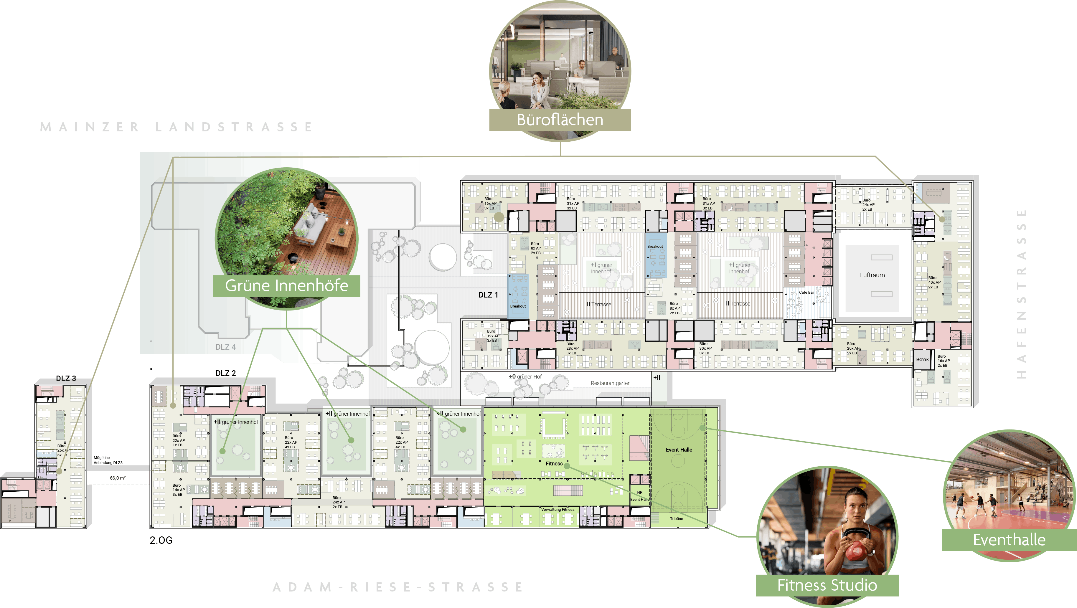 Grundriss des zweiten Obergeschosses mit Eventhalle und Fitness Studio