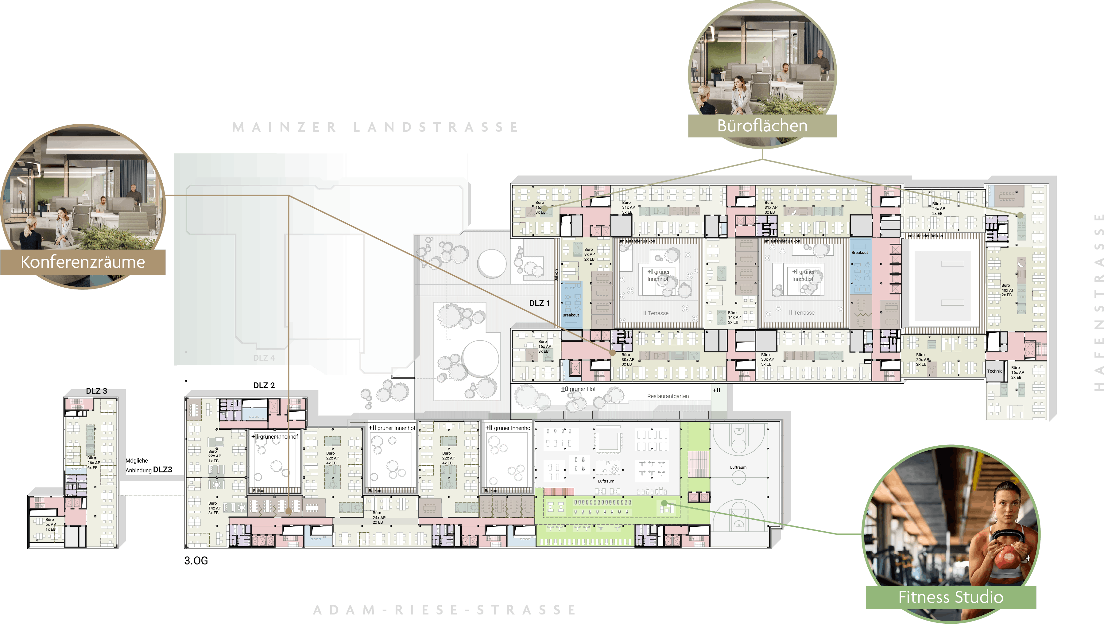 Grundriss der Obergeschosse drei bis sechs mit Büroflächen und Konferenzräumen