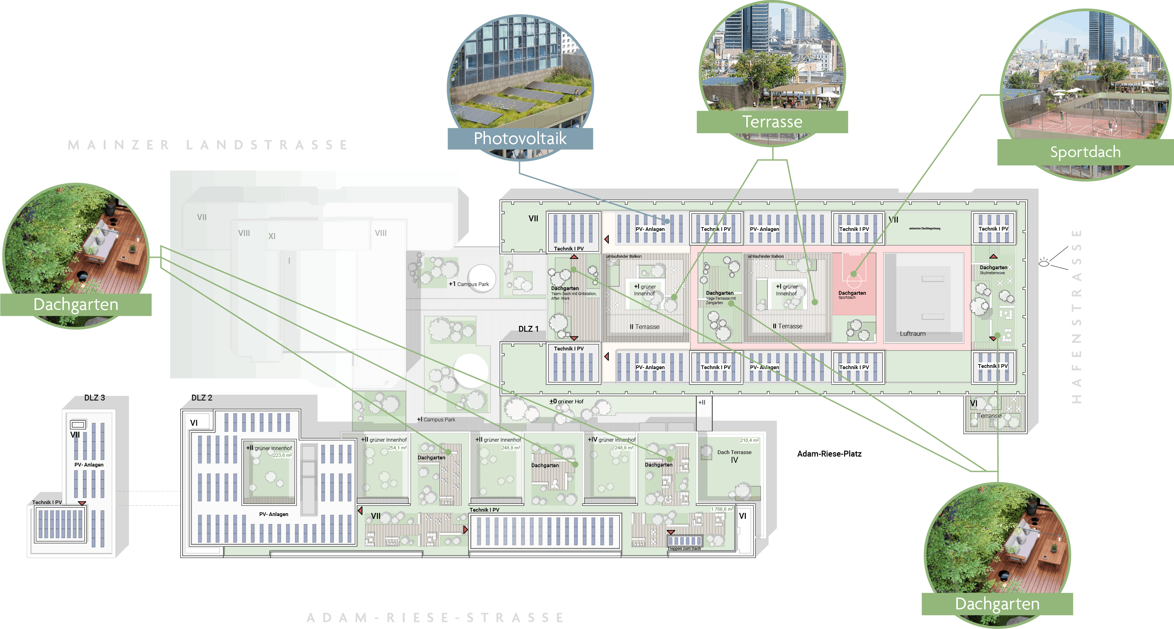Grundriss des siebten Obergeschosses mit Dachgärten, Terrasse, Sportdach und Photovoltaik